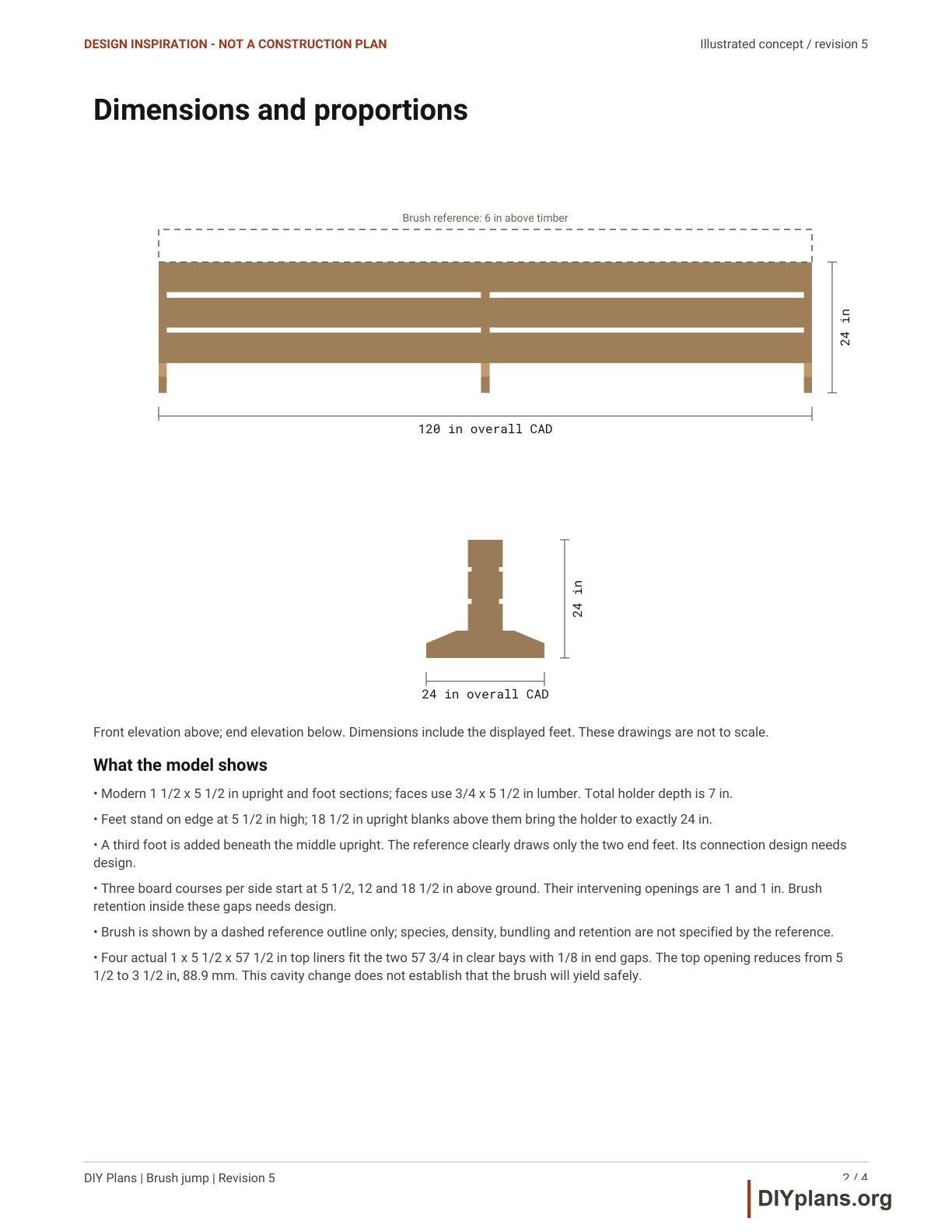 Brush jump front and end elevations with illustrated dimensions