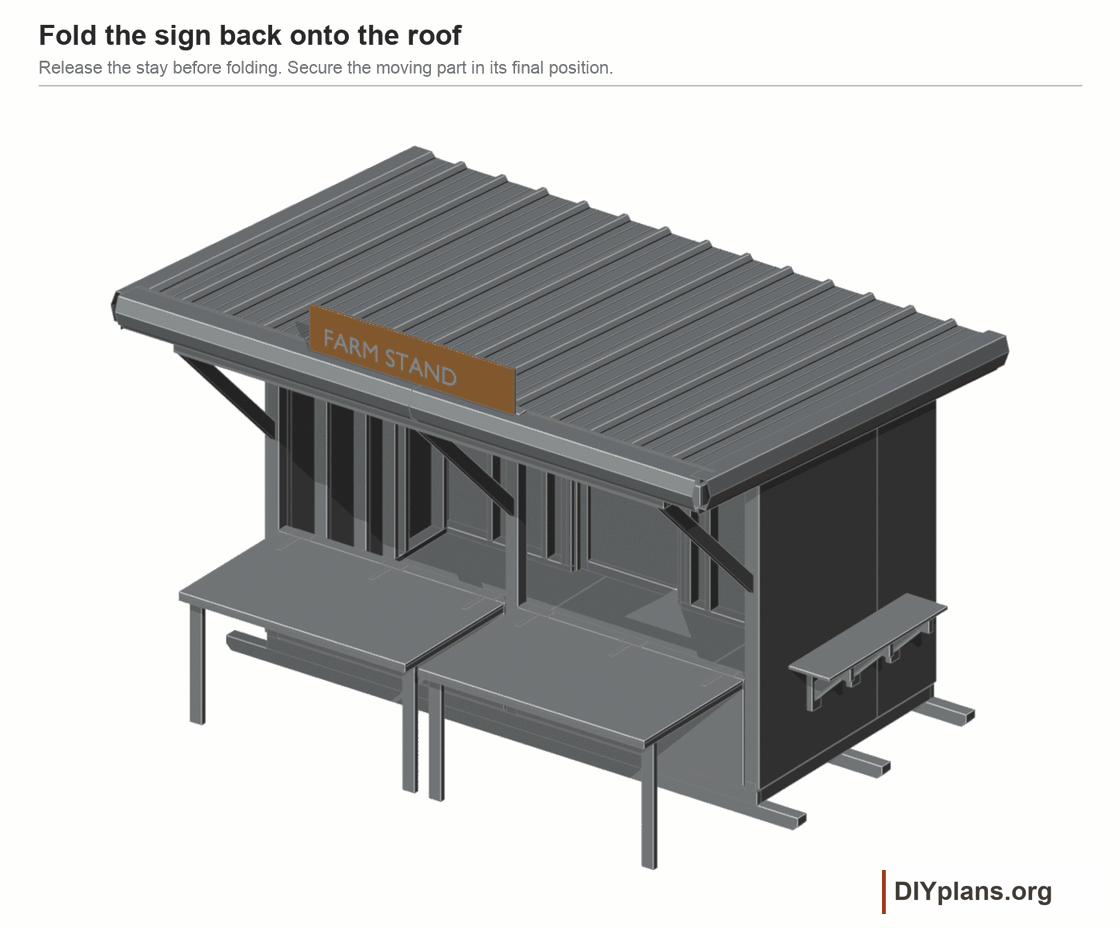Fold the supported sign backward above the metal roof, then engage its catches.