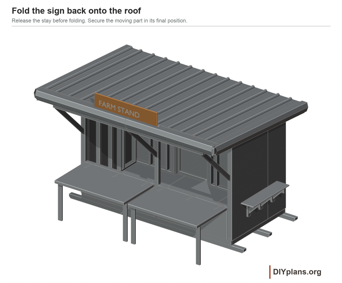 Fold the supported sign backward above the metal roof, then engage its catches.