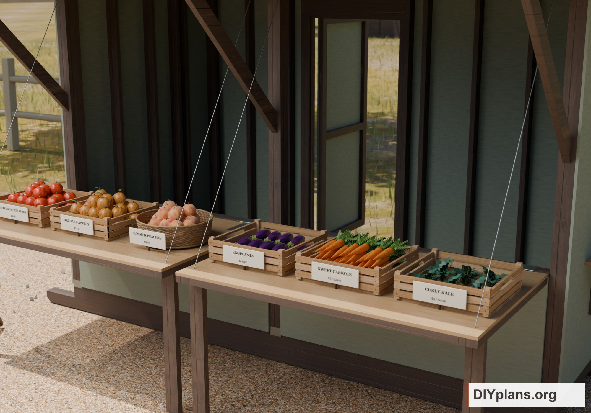 Produce crates, a woven basket and price cards on the open sales counters.