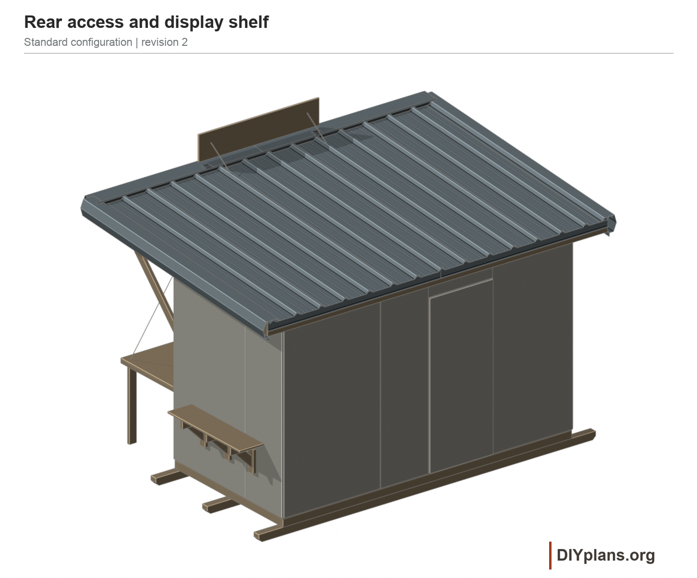 Rear access door and right-side display shelf.