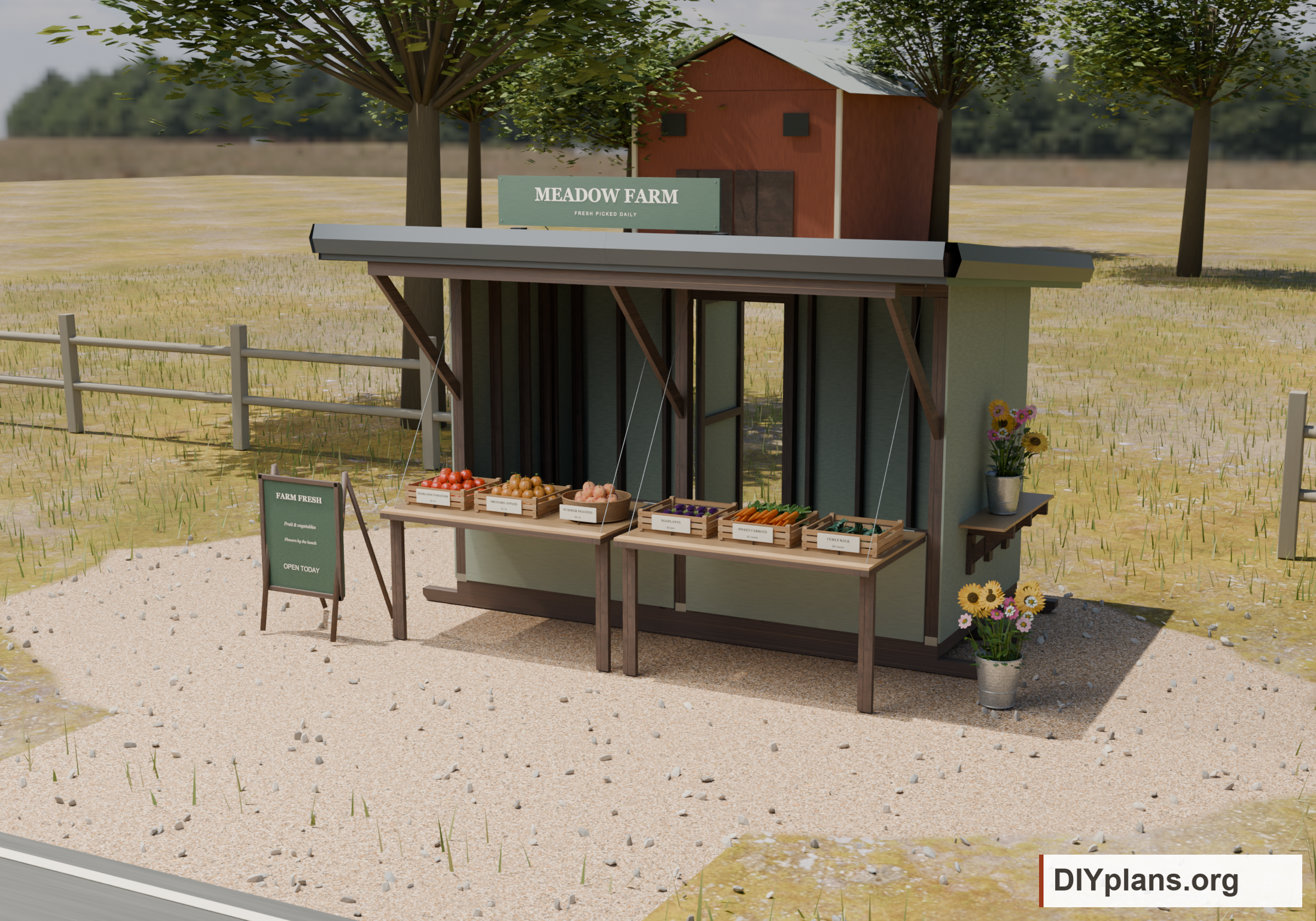 The stand set beside a country road, stocked with fruit, vegetables and cut flowers.