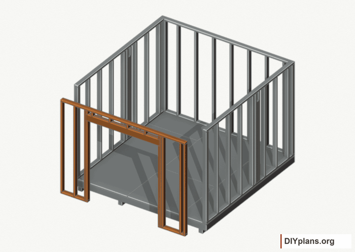 Assemble and raise the front wall. Current components orange; earlier work gray. Movement.