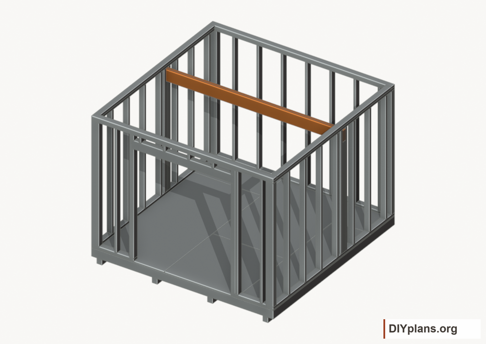 Seat the wall-supported loft beam. Current components orange; earlier work gray.