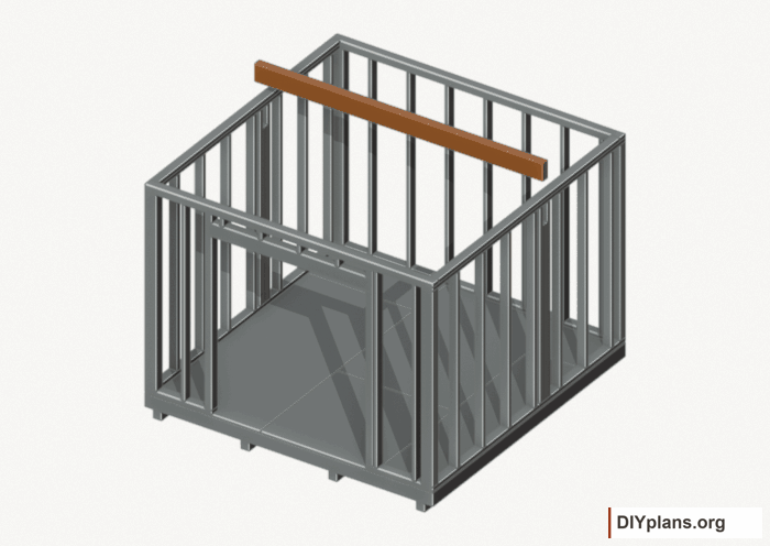 Seat the wall-supported loft beam. Current components orange; earlier work gray. Movement.