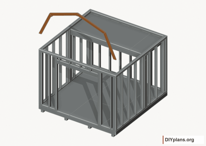 Raise the front end roof frame. Current components orange; earlier work gray. Movement.
