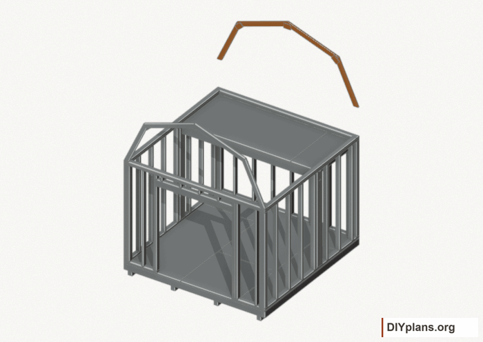 Raise the rear end roof frame. Current components orange; earlier work gray. Movement.