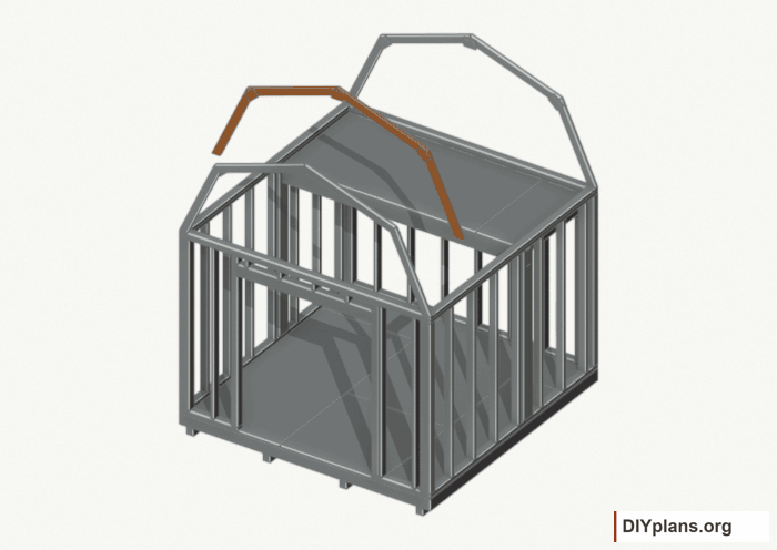 Raise the intermediate 1 roof frame. Current components orange; earlier work gray. Movement.