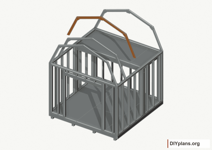 Raise the intermediate 2 roof frame. Current components orange; earlier work gray. Movement.