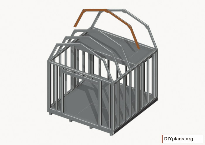 Raise the intermediate 3 roof frame. Current components orange; earlier work gray. Movement.