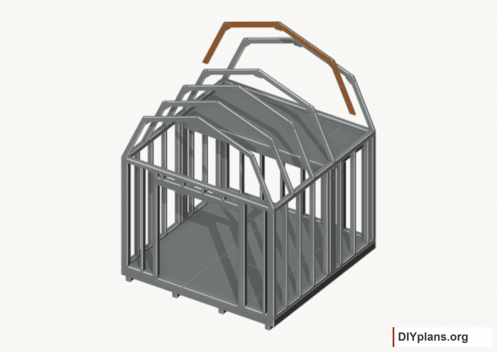 Raise the intermediate 4 roof frame. Current components orange; earlier work gray. Movement.