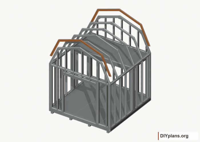Fit the inner end rafters. Current components orange; earlier work gray. Movement.