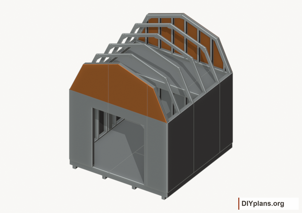 Fit the gable siding panels. Current components orange; earlier work gray.
