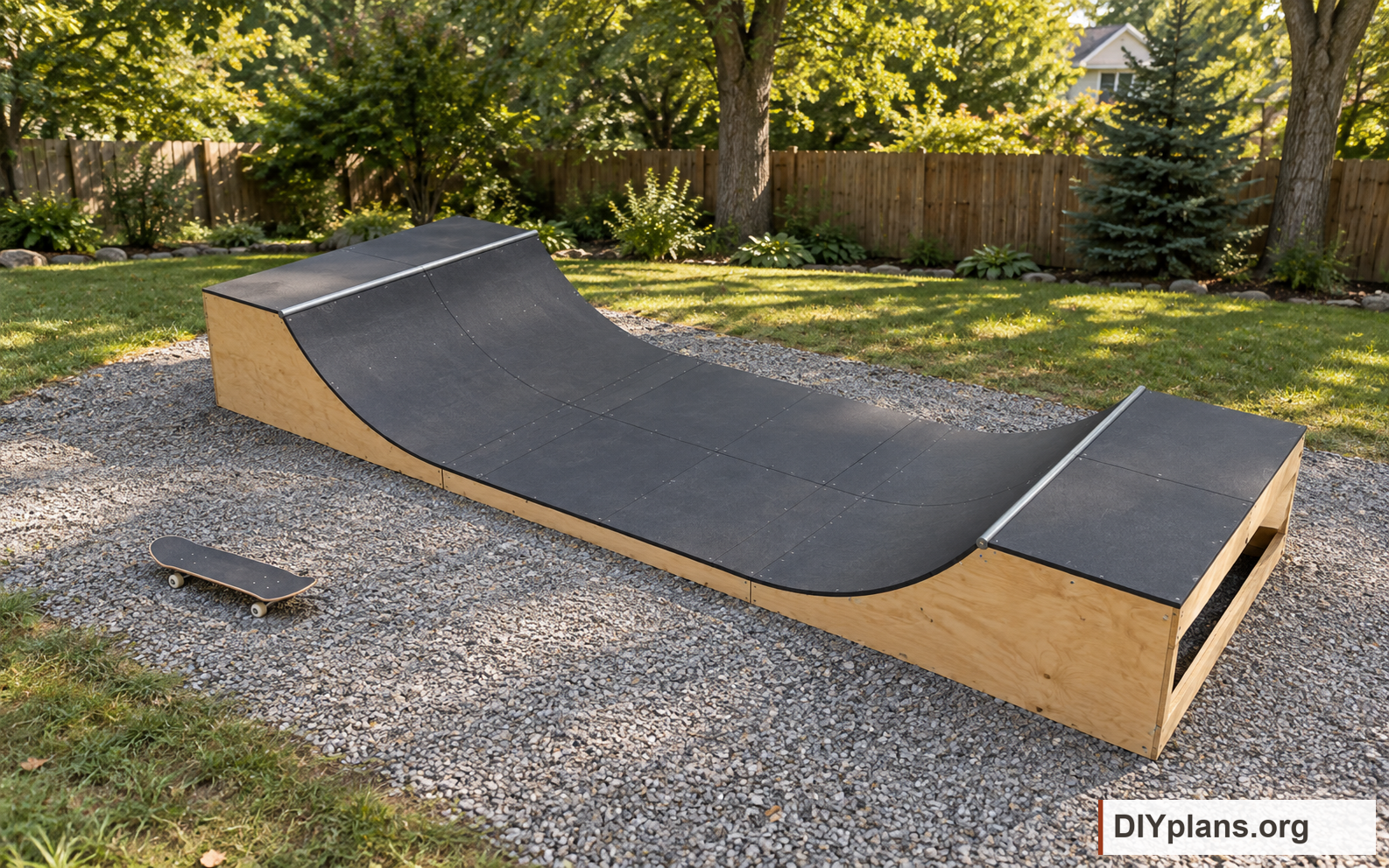 The 8 ft wide mini ramp in an outdoor skating area. AI Generated from CAD files for inspiration