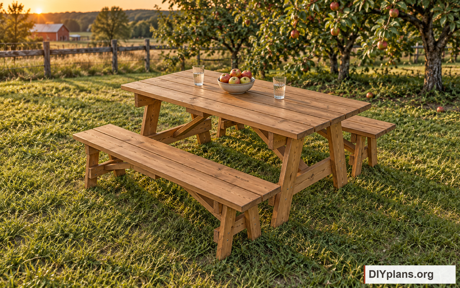 The picnic table and separate benches beside an orchard. AI Generated from CAD files for inspiration