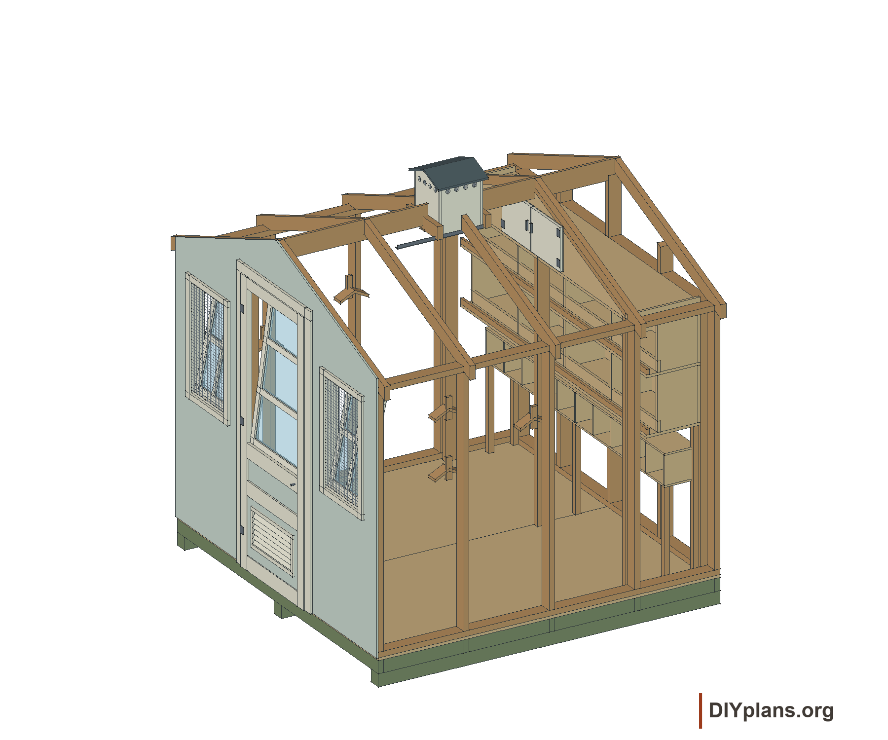 Pigeon house cutaway showing the framing and interior.