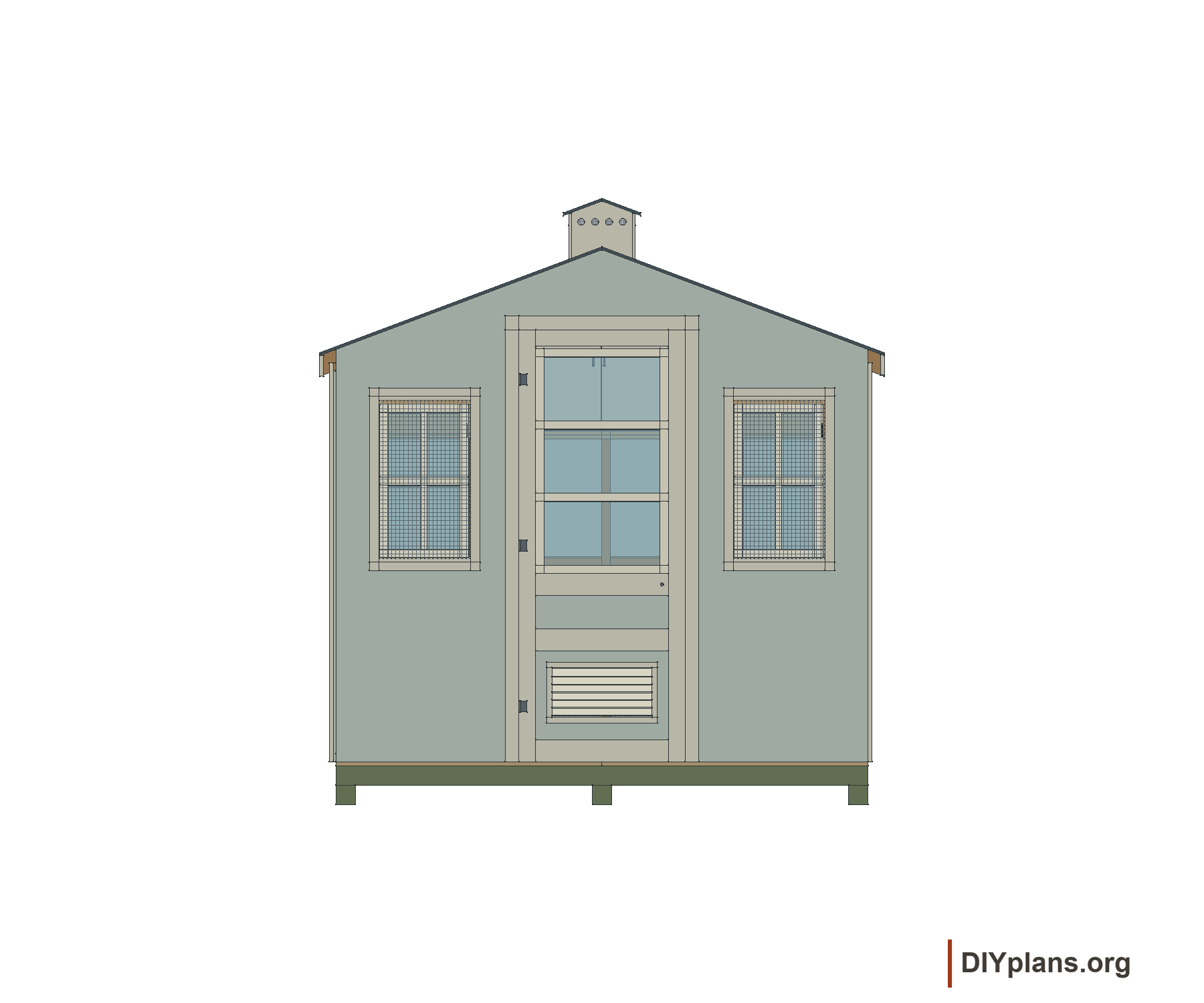 Front elevation showing two windows beside a central ventilated door.