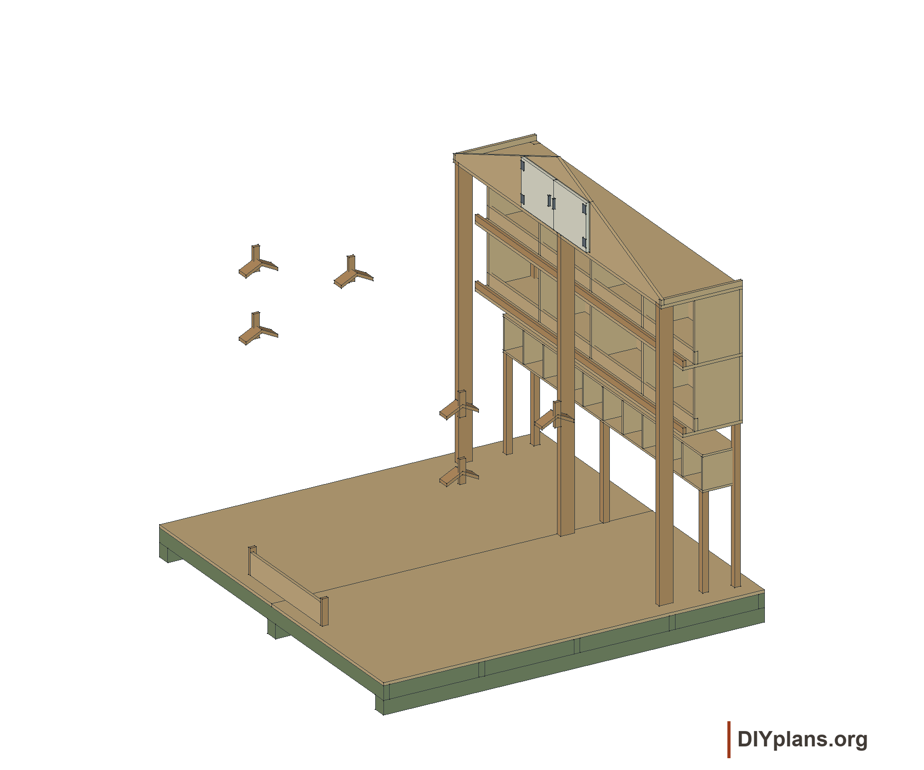 Pigeon resting cells, two nest tiers, landing shelves and wall perches.