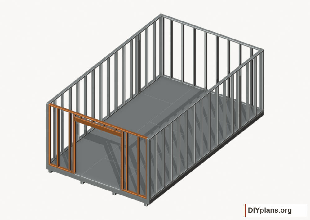 Assemble and raise the front wall. Current components orange; earlier work gray.