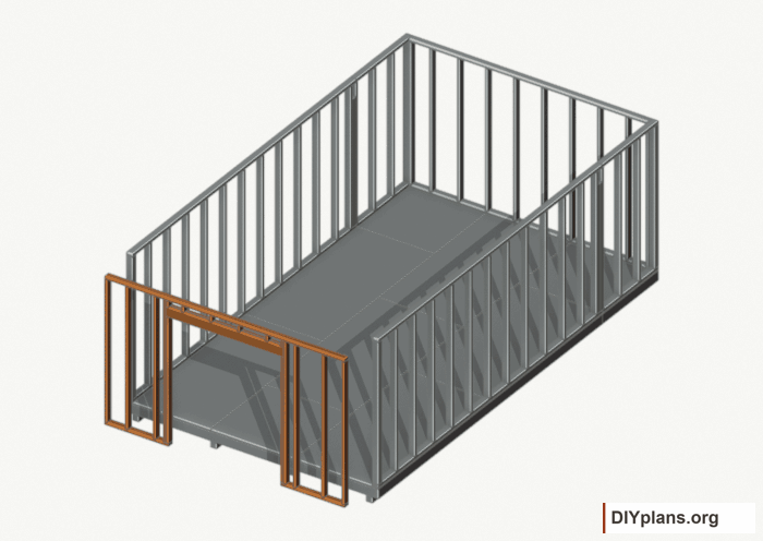 Assemble and raise the front wall. Current components orange; earlier work gray. Movement.