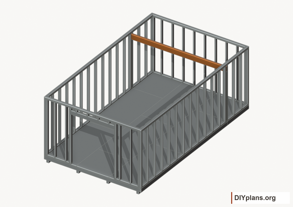 Seat the wall-supported loft beam. Current components orange; earlier work gray.