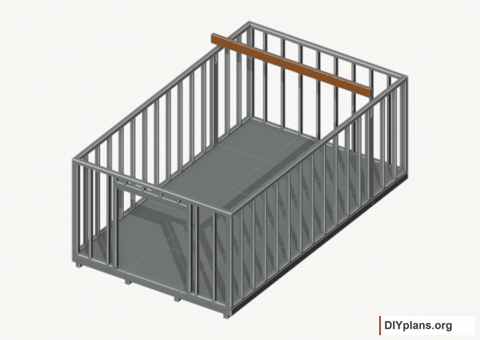 Seat the wall-supported loft beam. Current components orange; earlier work gray. Movement.