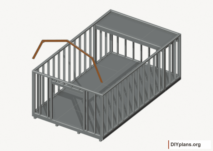 Raise the front end roof frame. Current components orange; earlier work gray. Movement.