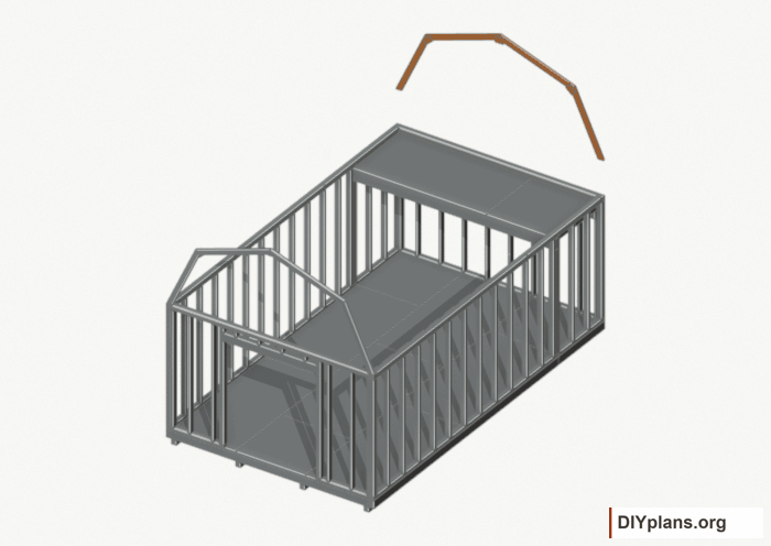Raise the rear end roof frame. Current components orange; earlier work gray. Movement.