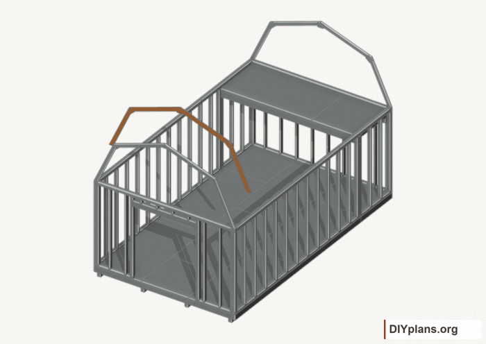 Raise the intermediate 1 roof frame. Current components orange; earlier work gray. Movement.