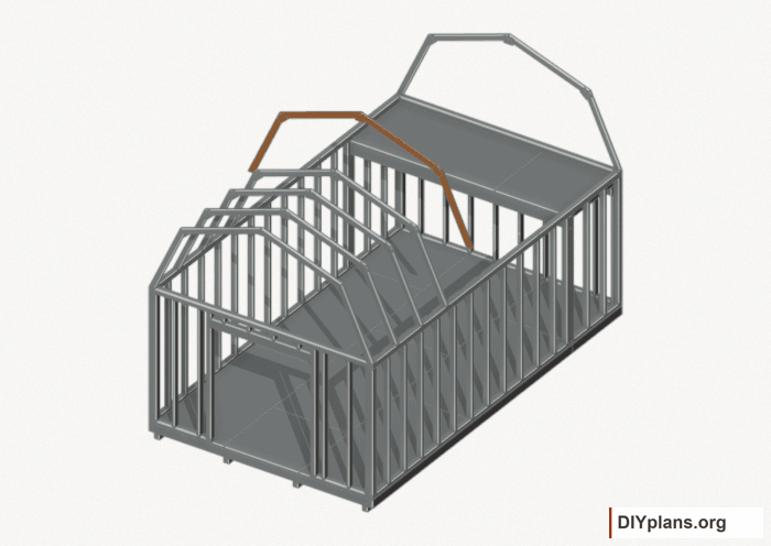 Raise the intermediate 4 roof frame. Current components orange; earlier work gray. Movement.