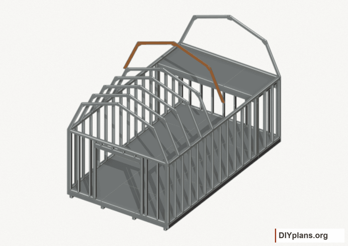 Raise the intermediate 5 roof frame. Current components orange; earlier work gray. Movement.