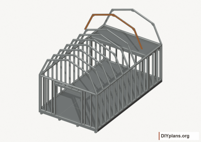 Raise the intermediate 7 roof frame. Current components orange; earlier work gray. Movement.