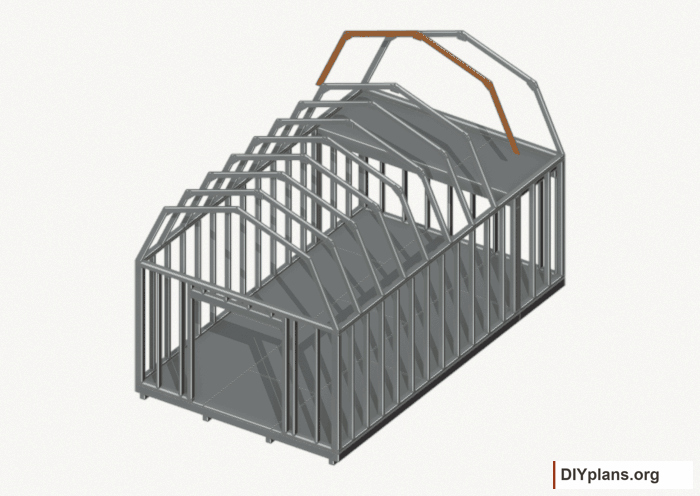 Raise the intermediate 8 roof frame. Current components orange; earlier work gray. Movement.