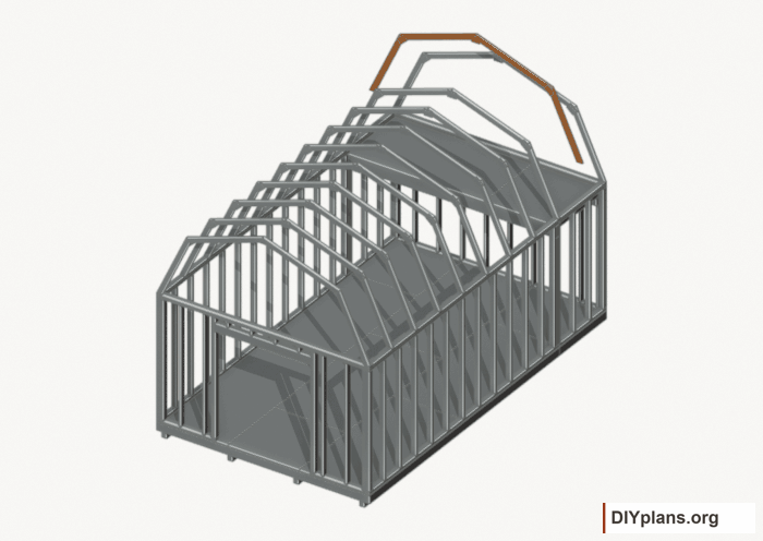 Raise the intermediate 9 roof frame. Current components orange; earlier work gray. Movement.