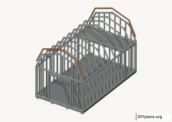 Fit the inner end rafters. Current components orange; earlier work gray. Movement.