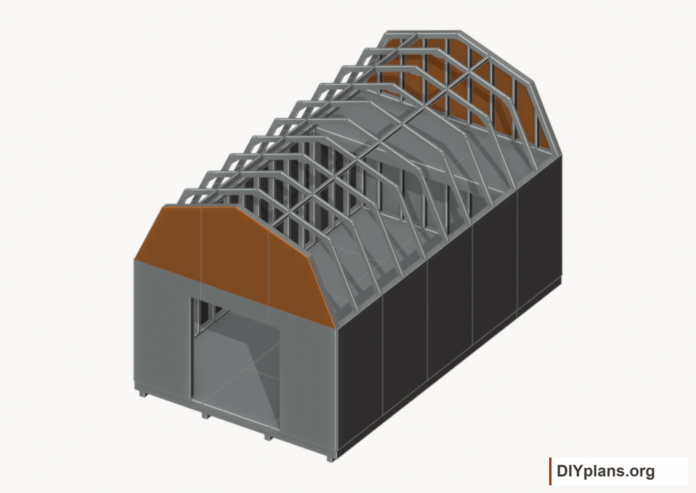 Fit the gable siding panels. Current components orange; earlier work gray.