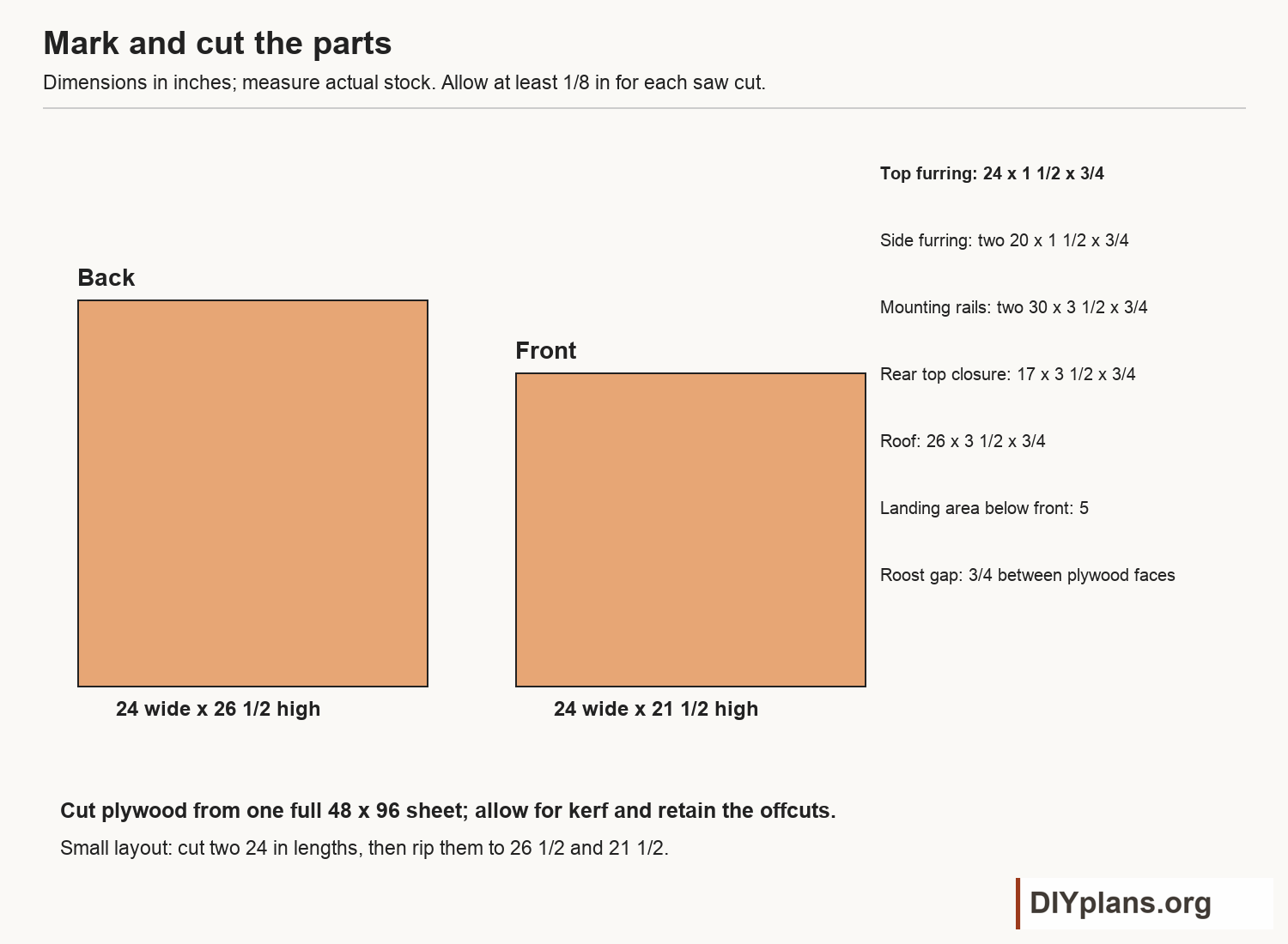 Dimensioned cut layout for Small economy bat house