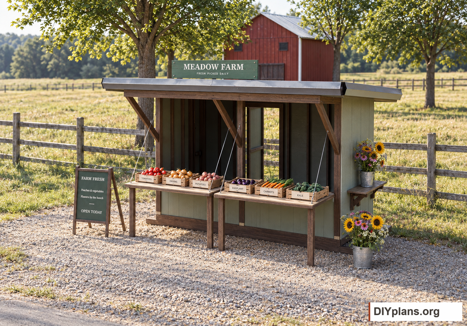 The farm stand open for sales beside a gravel lane, with produce on both counters. AI Generated from CAD files for inspiration