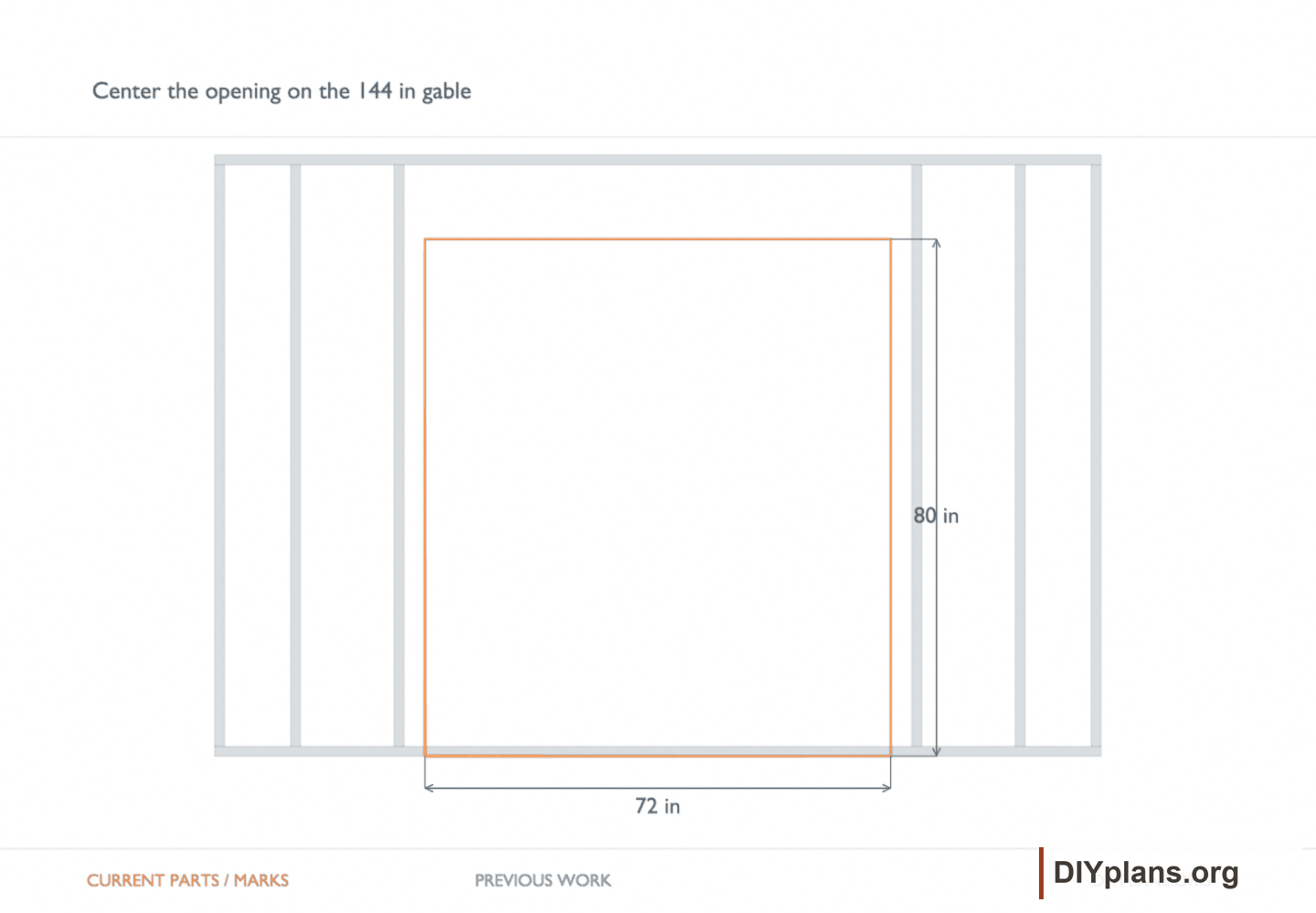 Center the opening on the 144 in gable. Orange identifies the current parts or layout marks; gray shows earlier work.