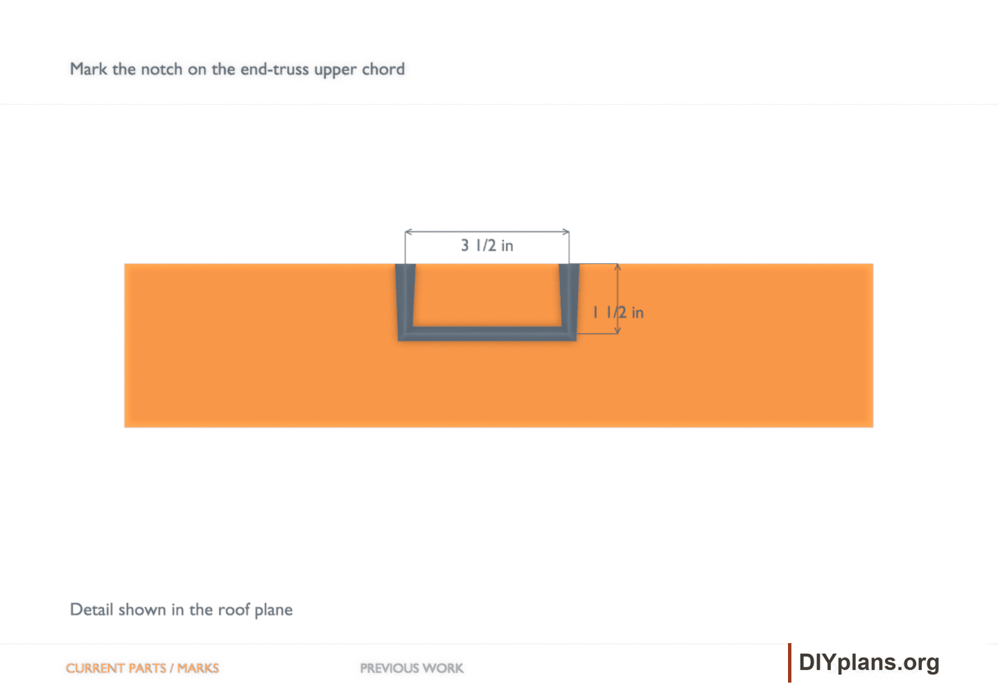 Mark the notch on the end-truss upper chord. Orange identifies the current parts or layout marks; gray shows earlier work.