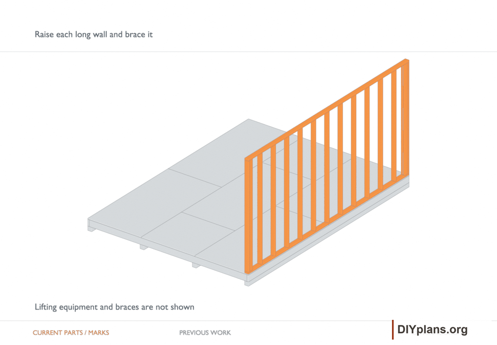 Raise each long wall and brace it. Orange identifies the current parts or layout marks; gray shows earlier work. Arrange the lifting equipment and temporary bracing described in the step.