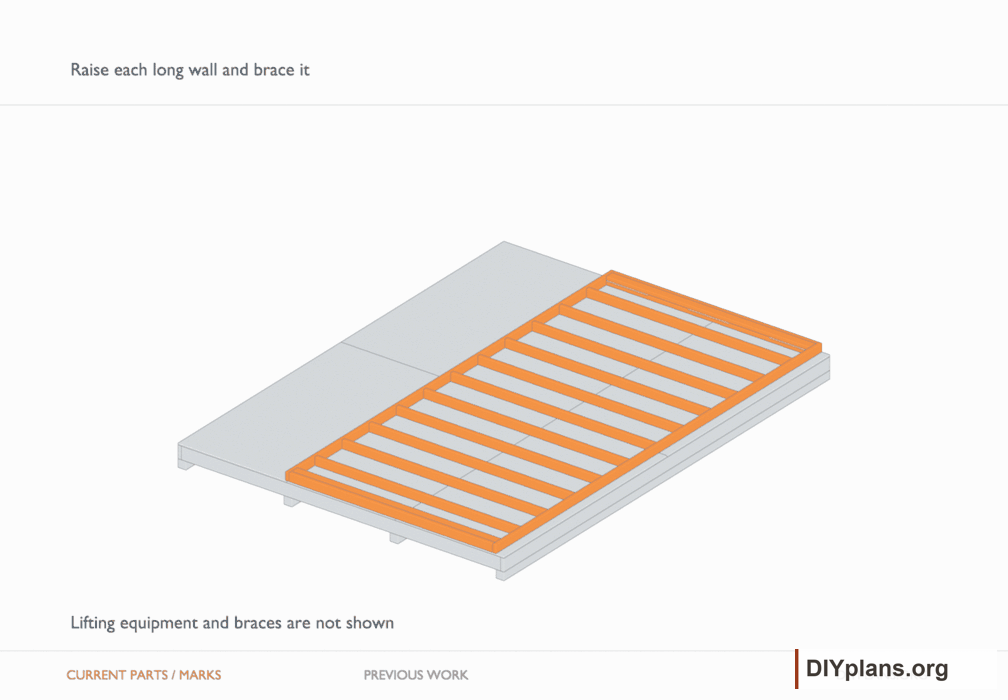 Raise each long wall and brace it. Orange identifies the current parts or layout marks; gray shows earlier work. Arrange the lifting equipment and temporary bracing described in the step.