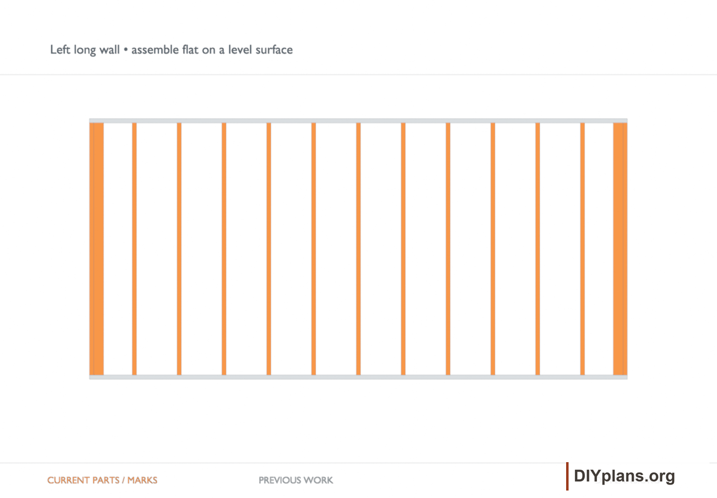 Left long wall • assemble flat on a level surface. Orange identifies the current parts or layout marks; gray shows earlier work.