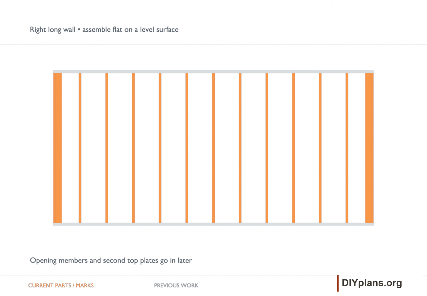 Right long wall • assemble flat on a level surface. Orange identifies the current parts or layout marks; gray shows earlier work.