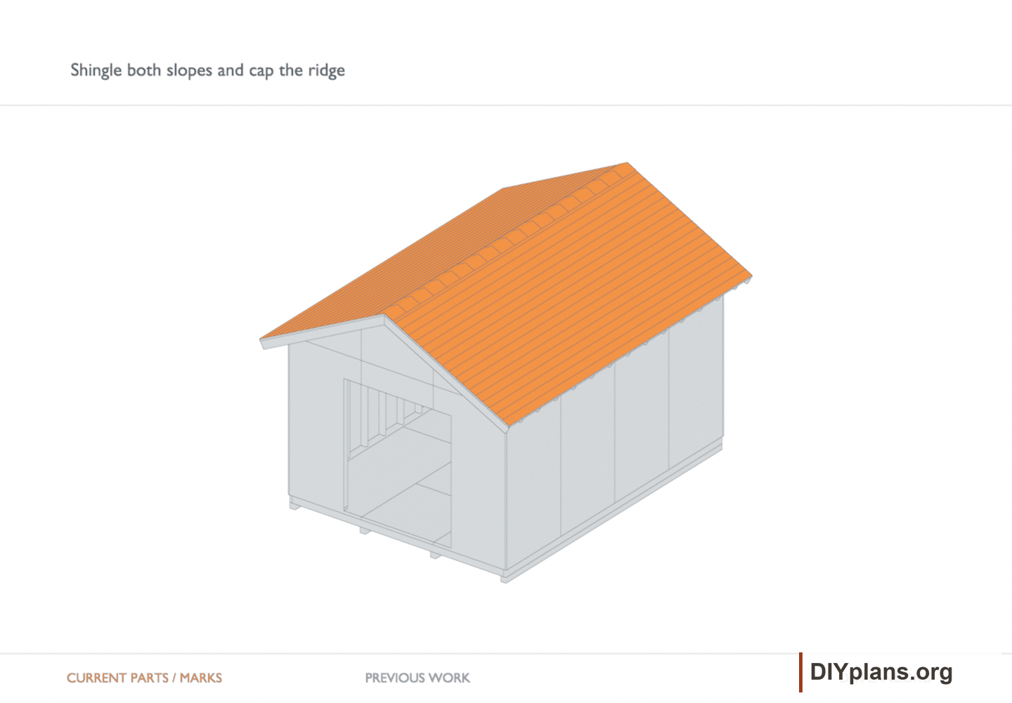 Shingle both slopes and cap the ridge. Orange identifies the current parts or layout marks; gray shows earlier work.