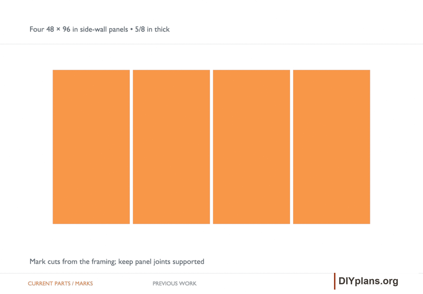 Four 48 × 96 in side-wall panels • 5/8 in thick. Orange identifies the current parts or layout marks; gray shows earlier work.