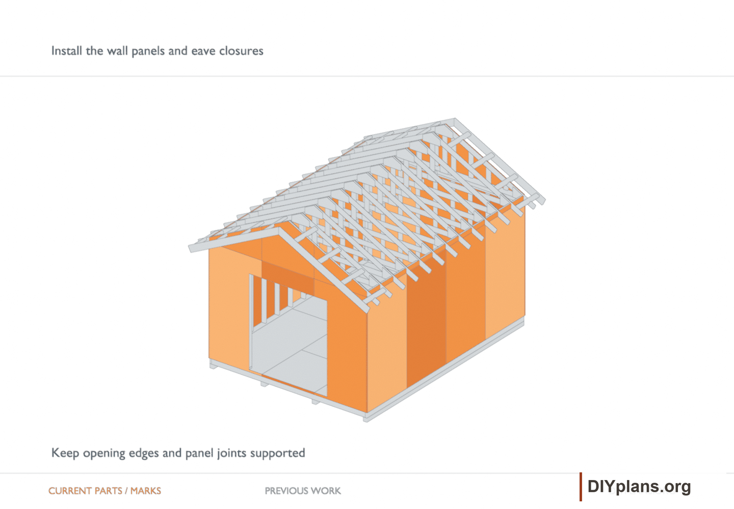 Install the wall panels and eave closures. Orange identifies the current parts or layout marks; gray shows earlier work.