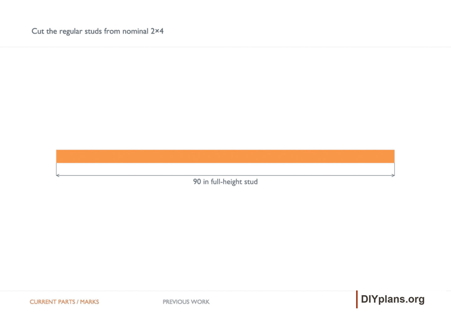 Cut the regular studs from nominal 2×4. Orange identifies the current parts or layout marks; gray shows earlier work.