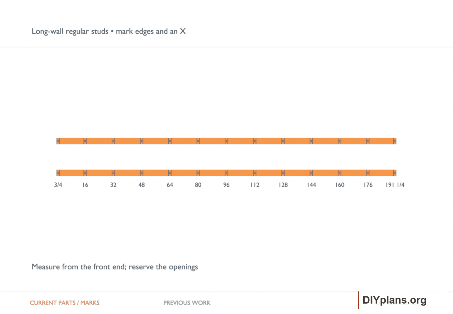 Long-wall regular studs • mark edges and an X. Orange identifies the current parts or layout marks; gray shows earlier work.