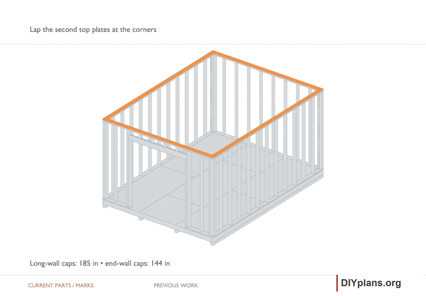 Lap the second top plates at the corners. Orange identifies the current parts or layout marks; gray shows earlier work.